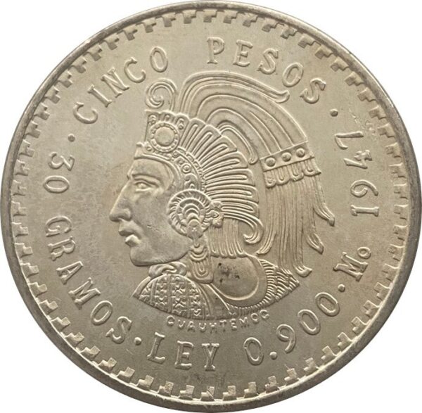 Mexican Silver 5 Pesos 1947-1948 Cuauhtemoc